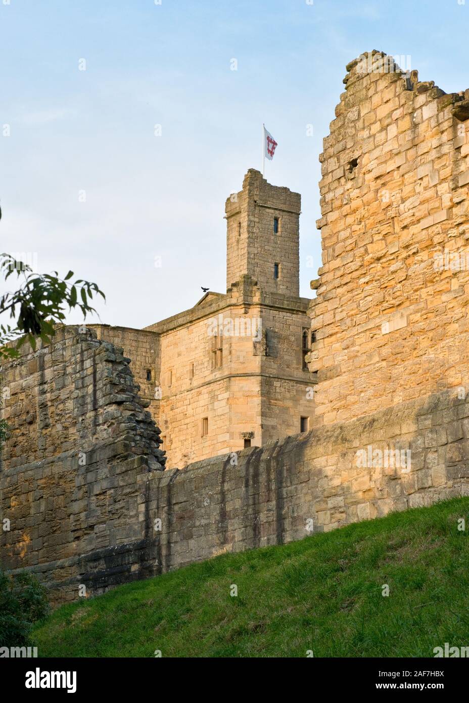 Il castello di Warkworth pareti e mantenere. Northumberland, Inghilterra Foto Stock