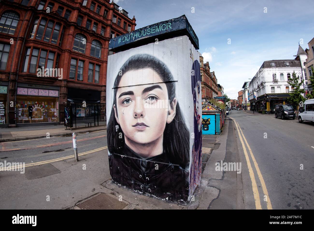 Gioco del personaggio Thrones Arya Stark Street art di Akse p19. Stevenson Sq, Northern Quarter, Manchester. Foto Stock