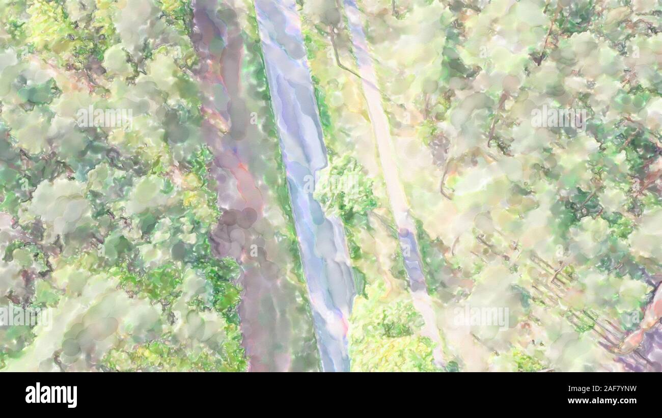 Acquerello illustrazione: acquerello di street, foresta e campo dall'aria Foto Stock