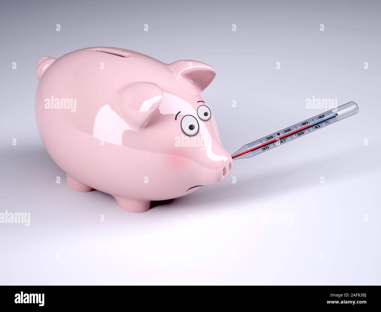 Piggybank con il termometro in bocca, finanziare il concetto di febbre, 3d illustrazione Foto Stock