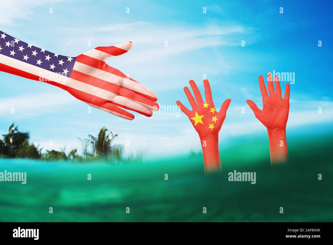 Concetto sul tema di aiuto alla Cina dai colleghi Americani in una situazione difficile. Relazioni internazionali Foto Stock