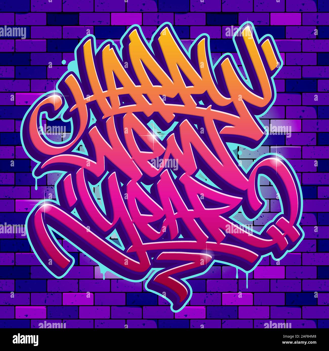 Felice Anno Nuovo card in stile graffiti con colori brillanti su un muro di mattoni dello sfondo. Lettering del vettore. Illustrazione Vettoriale