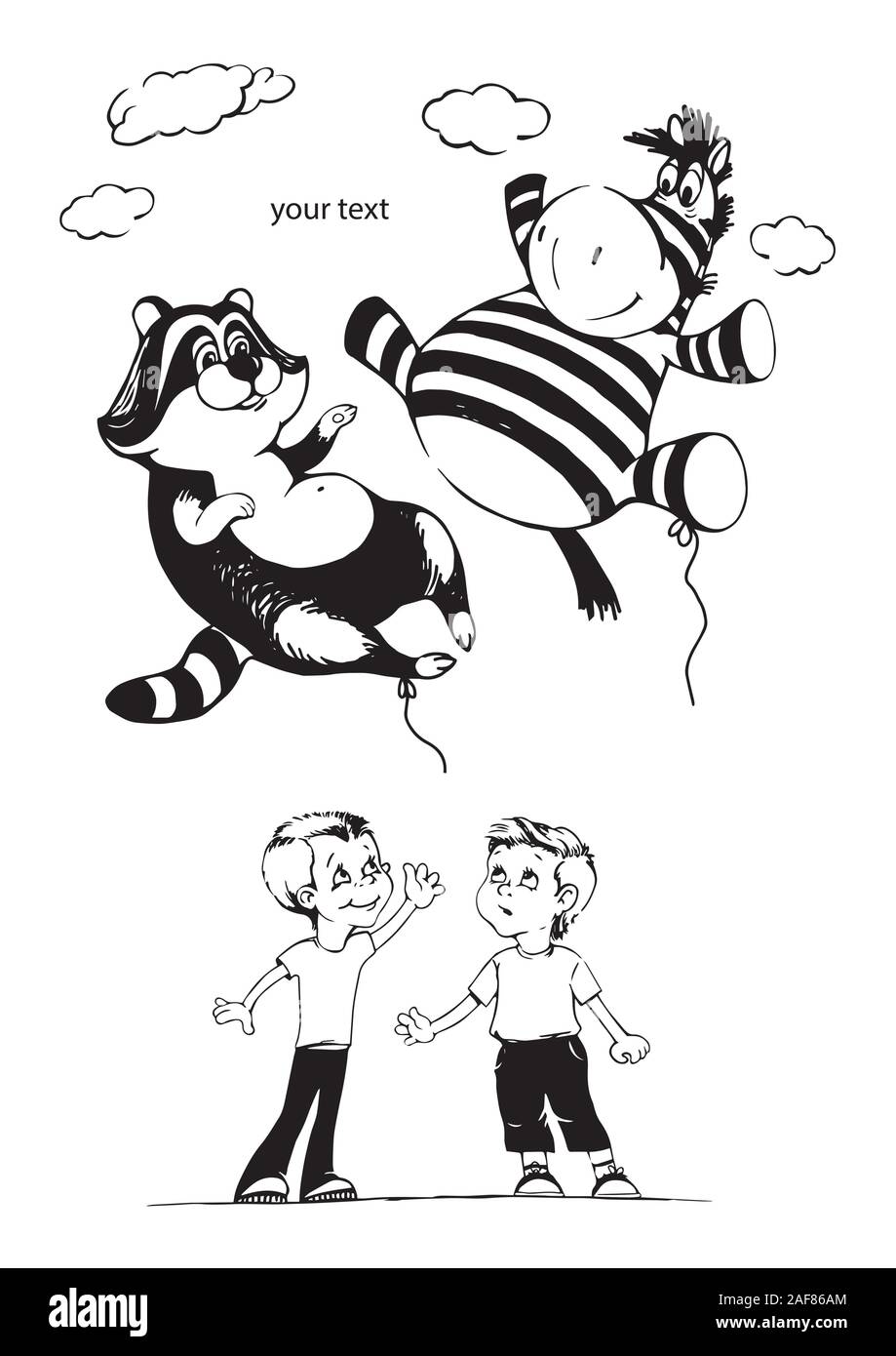 Due ragazzi di lancio palloncini nel cielo su un compleanno. Zebra e raccoon volare nel cielo. Biglietto di auguri. Congratulazioni Illustrazione Vettoriale