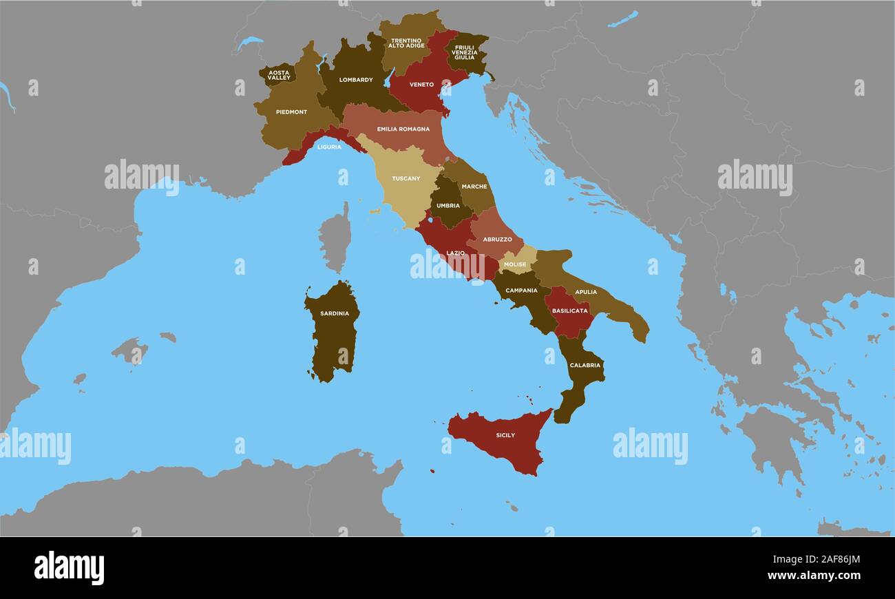 Mappa di Italia marrone vettore sfondo colorato. Modello per il sito web di pattern, relazione annuale, una infografica. Regioni mappa italiano. Illustrazione Vettoriale