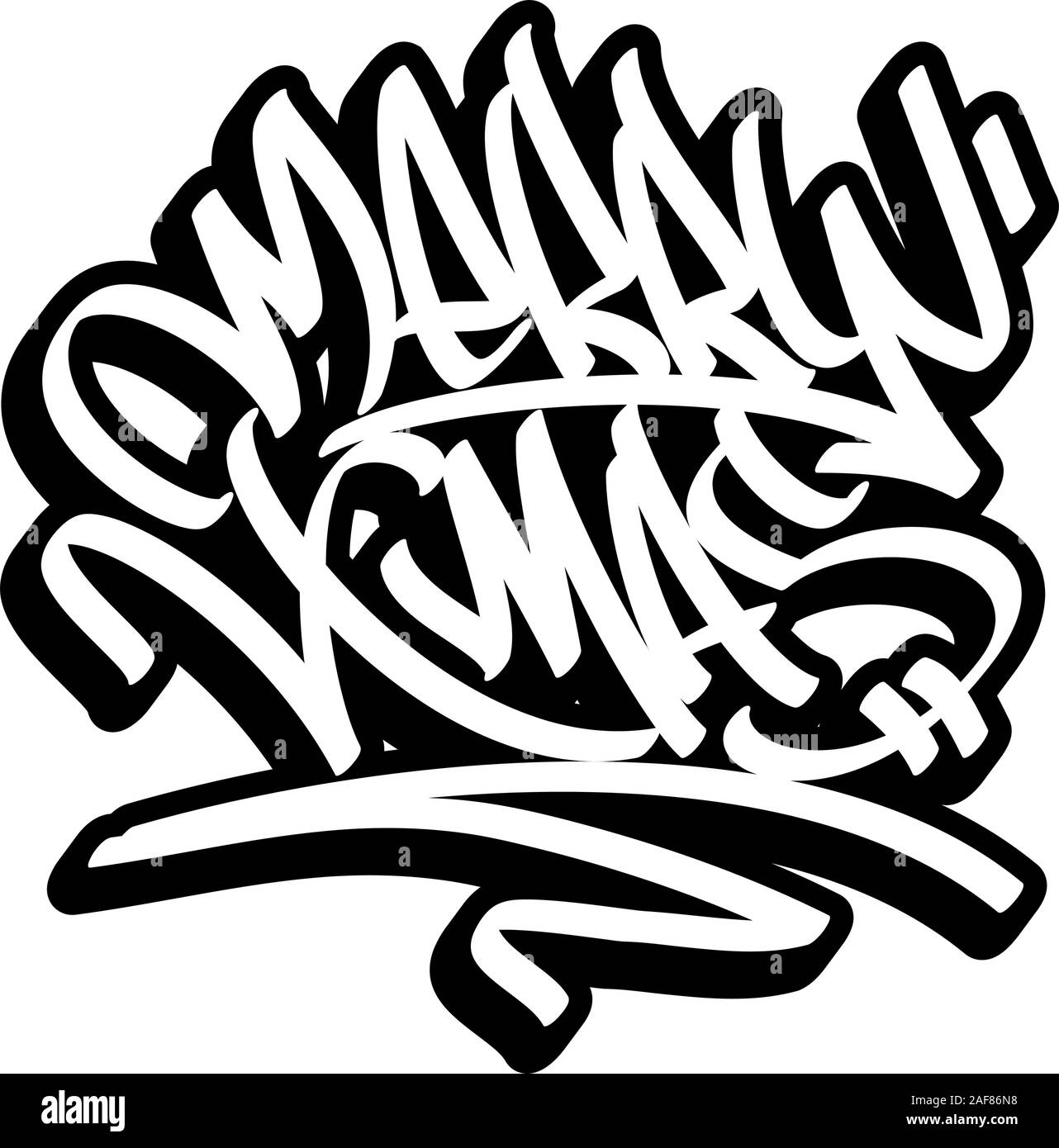 Buon Natale di scritte in stile graffiti. Contorno nero isolato su sfondo bianco. Illustrazione Vettoriale