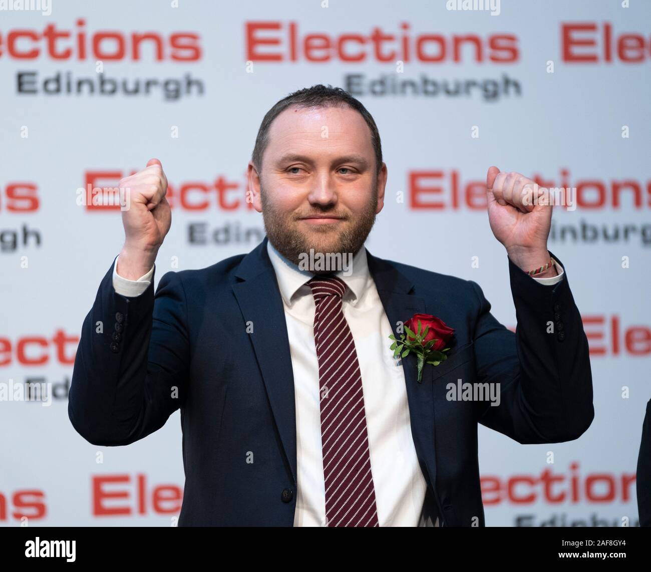Edimburgo, Scozia, Regno Unito. Dodicesimo Dicembre 2019.Ian Murray MP per Edimburgo Sud reagisce dopo aver vinto Edinburgh East al parlamentare elezione generale conte presso il Royal Highland Centre di Edimburgo. Iain Masterton/Alamy Live News Foto Stock