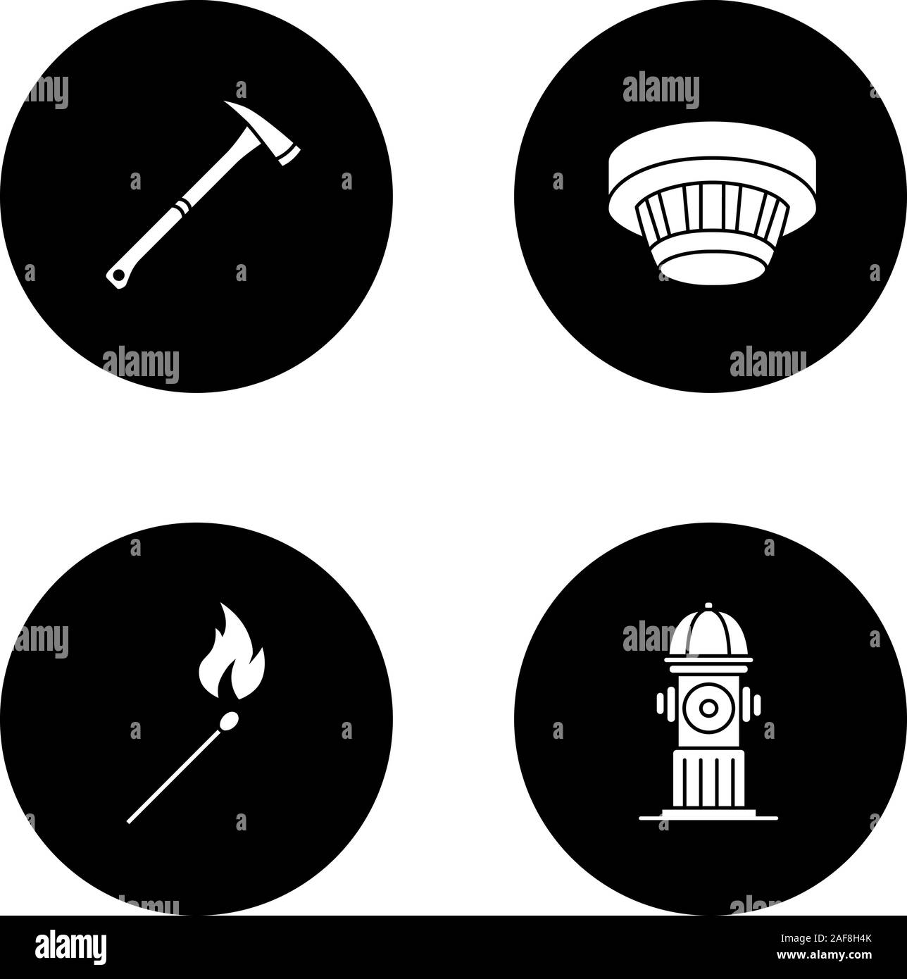 Glifo di estinzione set di icone. Fire ax, idranti, rilevatore di fumo, bruciando matchstick. Vettore silhouette bianca illustrazioni di cerchi neri Illustrazione Vettoriale