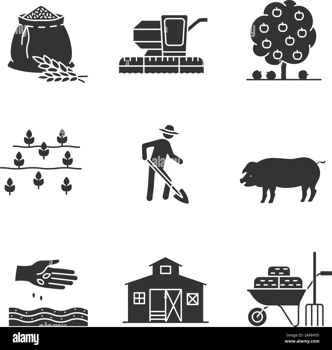Agricoltura glifo set di icone. Agricoltura i simboli di silhouette. Sacchetto di farina, mietitrebbia, alberi da frutto, campo contadino con pala, maiale, granaio, semina, ruota Illustrazione Vettoriale