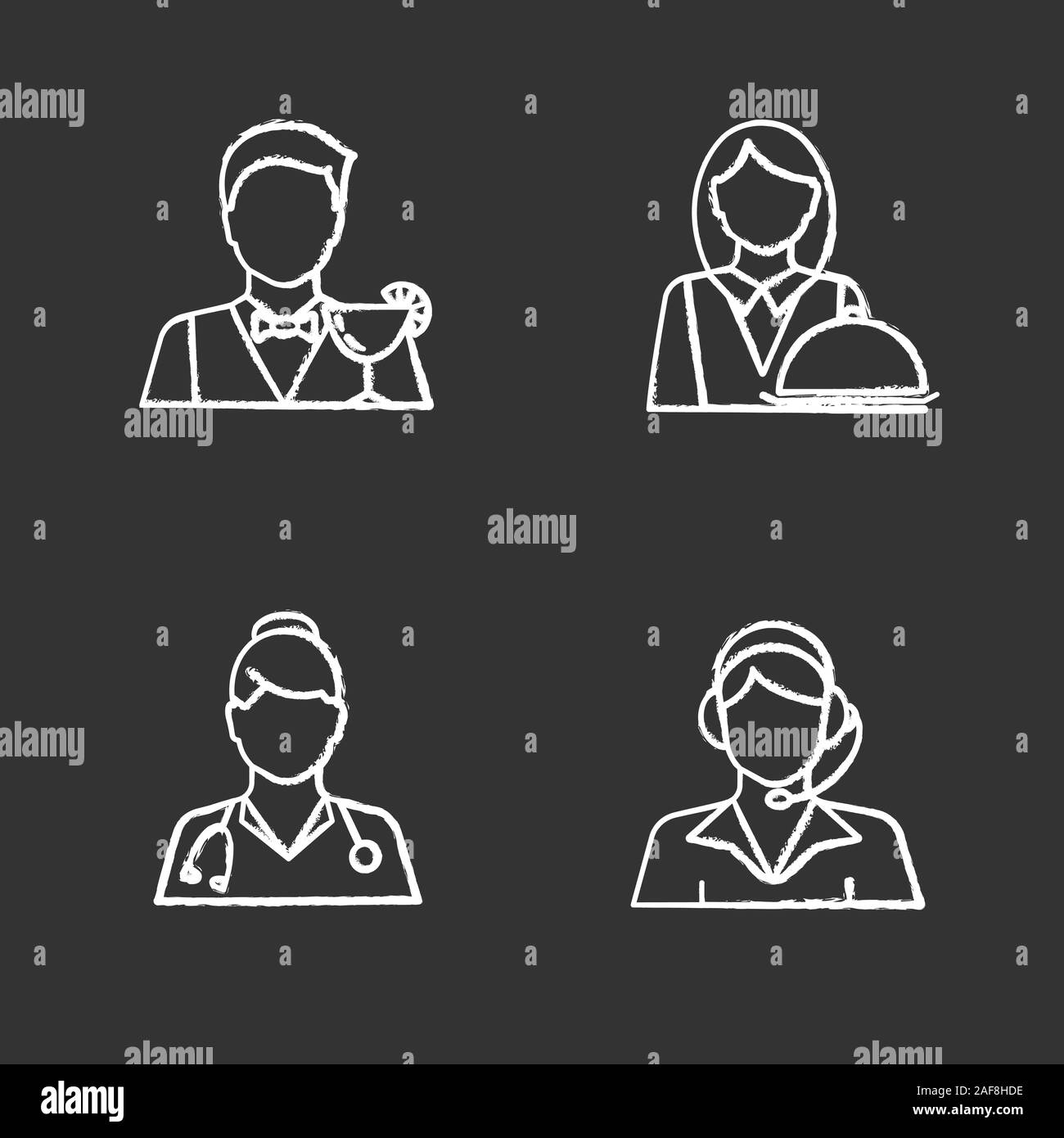 Professioni chalk set di icone. Le occupazioni. Medico, operatore di call center, il barman, cameriera. Vettore isolato illustrazioni della lavagna Illustrazione Vettoriale