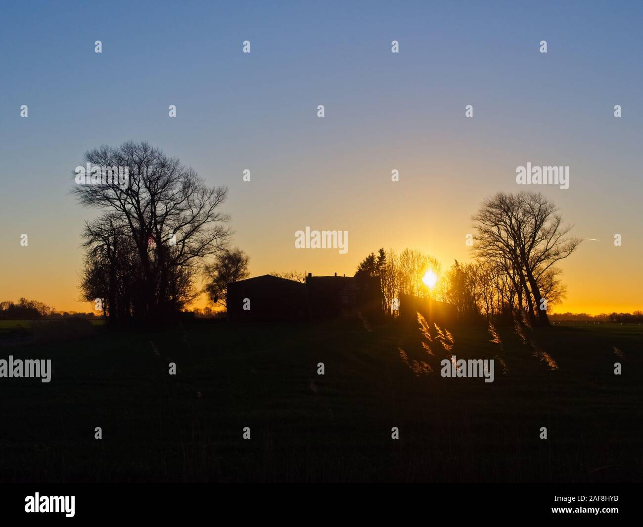 Silhoutte di una casa di campagna tra due alberi con il sole che tramonta dietro di esso a Otterndorf Foto Stock
