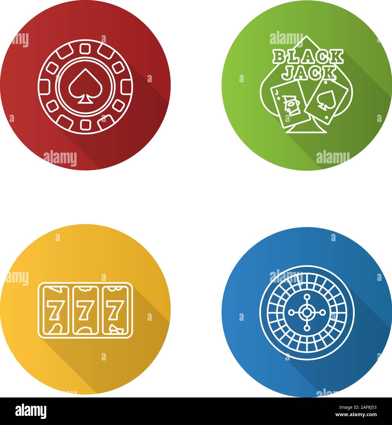 Casino lineare piana lunga ombra set di icone. Gioco di blackjack, roulette, chip CASINO LUCKY 7. Vettore illustratio contorno Illustrazione Vettoriale