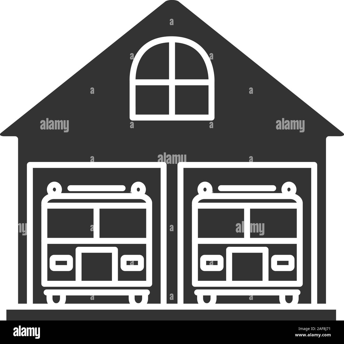 Stazione dei vigili del fuoco di glifi icona. Firehouse. Garage con due camion fuoco. Simbolo di Silhouette. Lo spazio negativo. Vettore illustrazione isolato Illustrazione Vettoriale