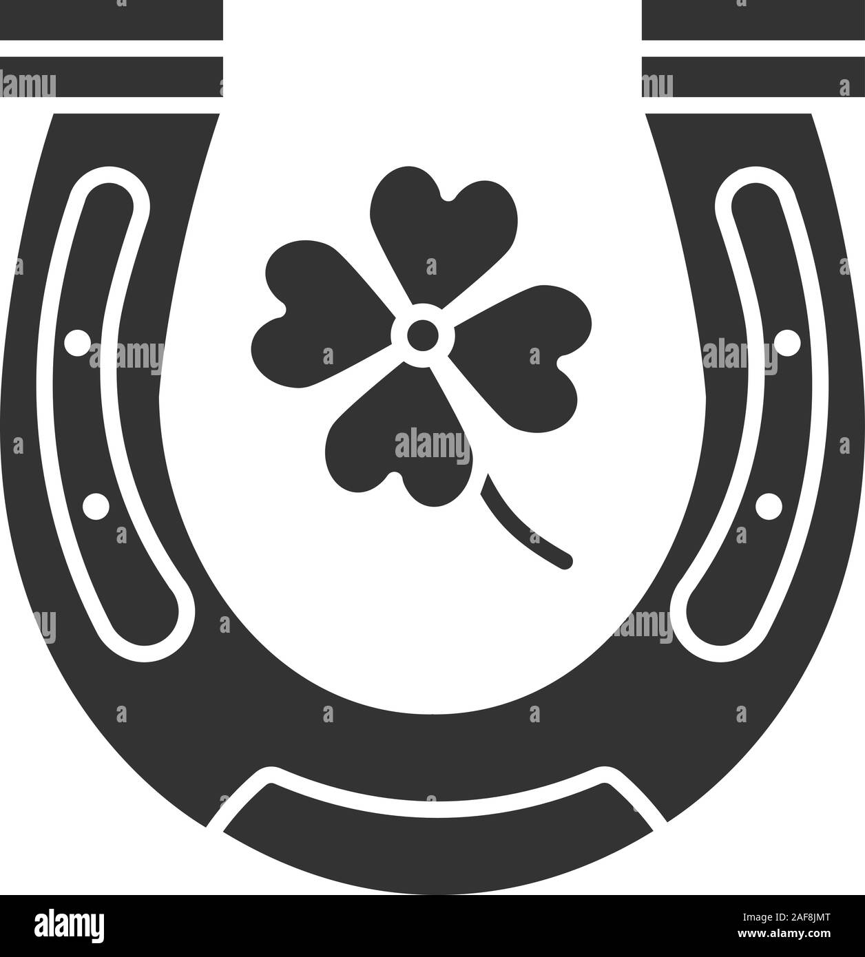 Ferro di cavallo e quattro foglia di trifoglio icona glyph. Simboli di successo e buona fortuna. Simbolo di Silhouette. Lo spazio negativo. Vettore illustrazione isolato Illustrazione Vettoriale