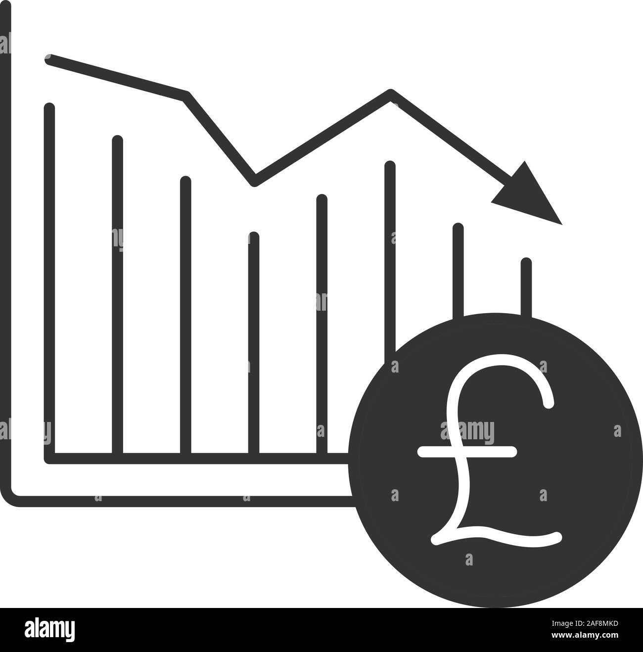 Sterlina britannica caduta icona glyph. Crollo finanziario. Simbolo di Silhouette. Schema delle statistiche con segno di gbp. Lo spazio negativo. Vettore illustratio isolato Illustrazione Vettoriale