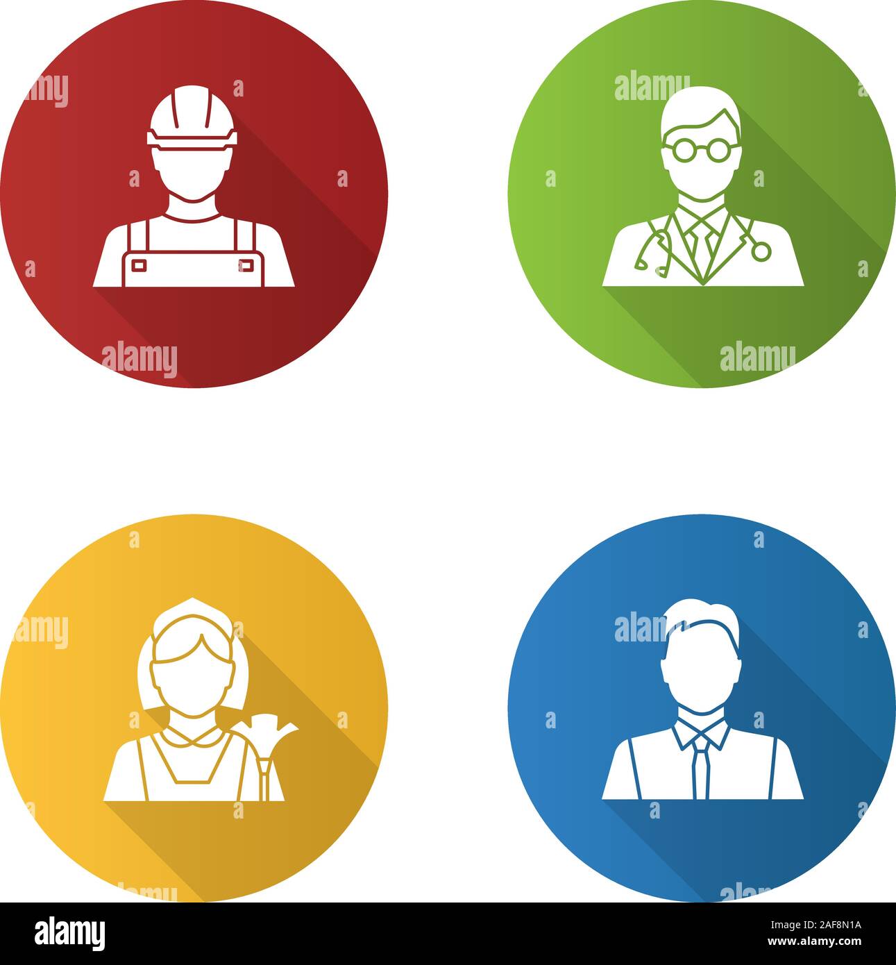 Professioni design piatto lungo ombra glifo icona. Le occupazioni. Builder, medico, cameriera, mattatore, lavoratore di ufficio. Vettore illustrazione silhouette Illustrazione Vettoriale