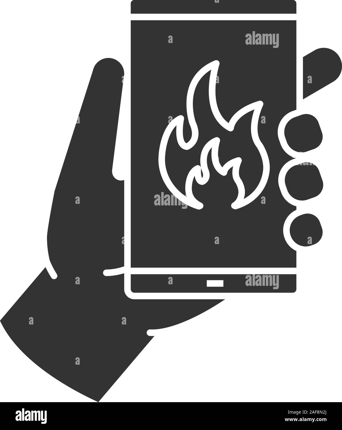 Di emergenza in caso di incendio chiamata icona glyph. Mano azienda smartphone con fiamma. Simbolo di Silhouette. Lo spazio negativo. Vettore illustrazione isolato Illustrazione Vettoriale