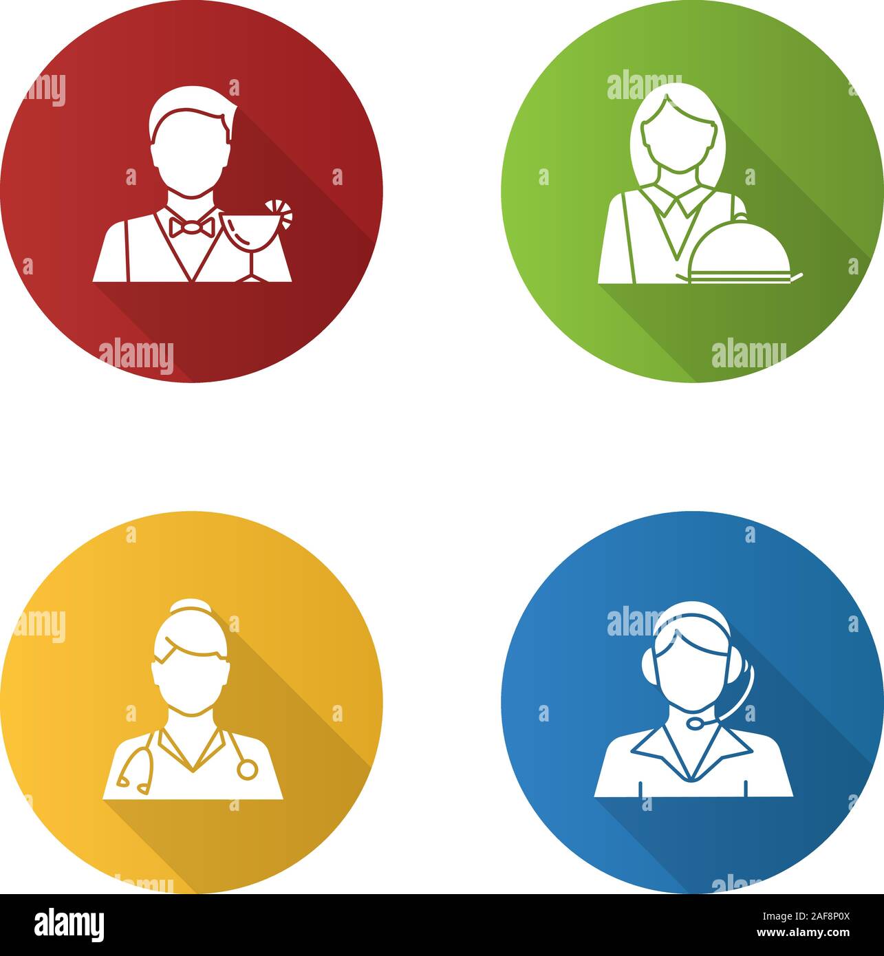 Professioni design piatto lungo ombra glifo icona. Le occupazioni. Medico, operatore di call center, il barman, cameriera. Vettore illustrazione silhouette Illustrazione Vettoriale