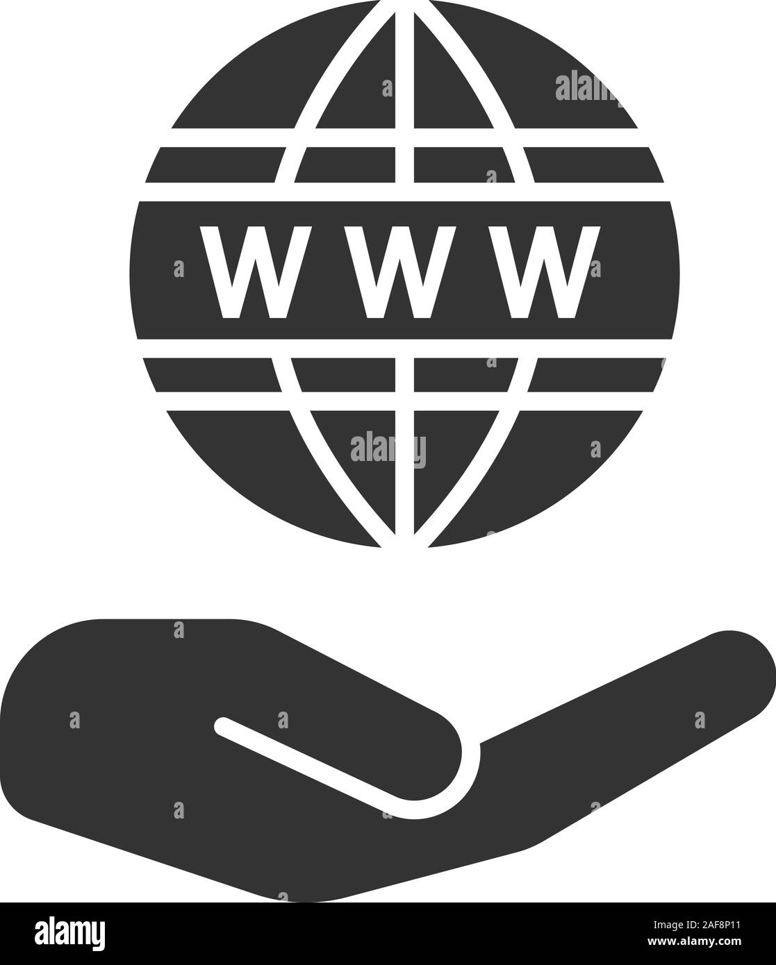 Mano aperta con www simbolo icona glyph. Accesso internet gratuito. Simbolo di Silhouette. World wide web. Lo spazio negativo. Vettore illustrazione isolato Illustrazione Vettoriale