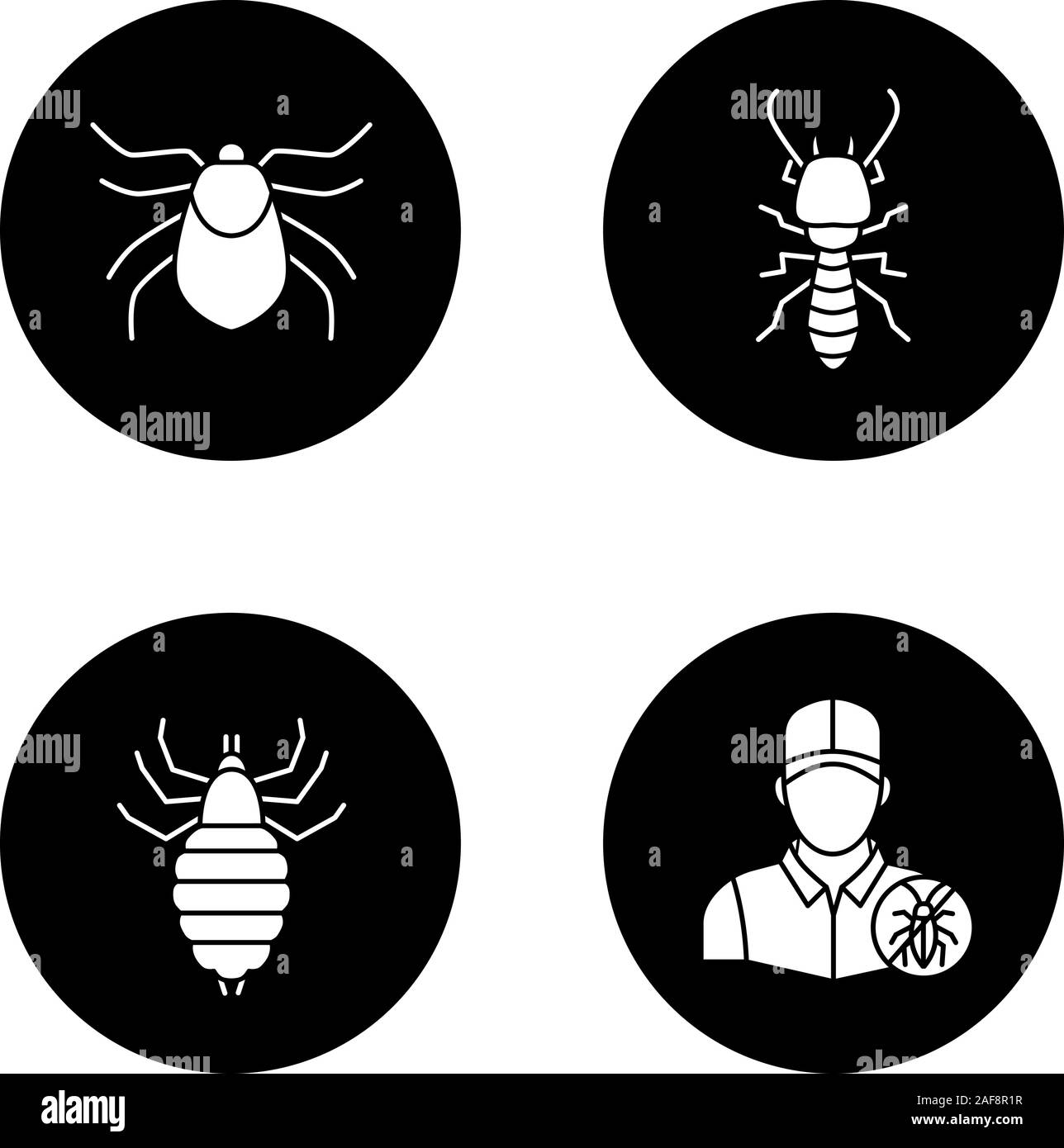 Pest Control glifo set di icone. Acaro, termite, pidocchio, sterminatore. Vettore silhouette bianca illustrazioni di cerchi neri Illustrazione Vettoriale