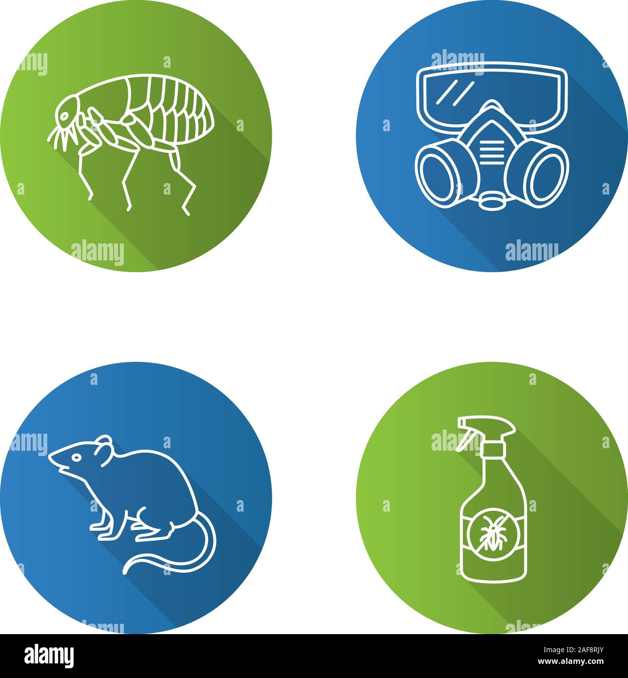 Controllo di Peste lineare piana lunga ombra set di icone. Repellente per insetti, flea, respiratore, di roditore. Vettore illustrazione di contorno Illustrazione Vettoriale