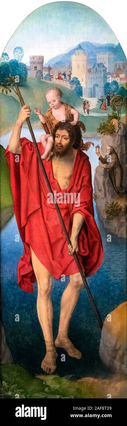 San Cristoforo di Hans Memling (c.1430/1440-1494), olio su pannello, c. 1479-1480. Il dipinto una volta formato il pannello posteriore di un trittico portatile. Foto Stock