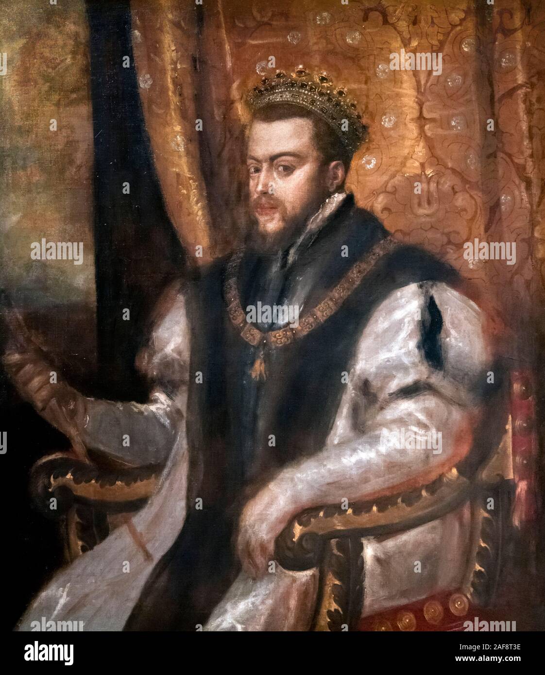 Il re Filippo II di Spagna (1527-1598) di Tiziano, olio su tela, c.1555 Foto Stock