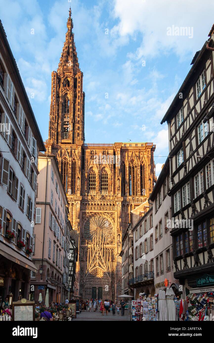 Strasburgo, Francia - 9 Agosto 2012: la Cattedrale di Notre-dame al tramonto visto da una strada del centro storico Foto Stock