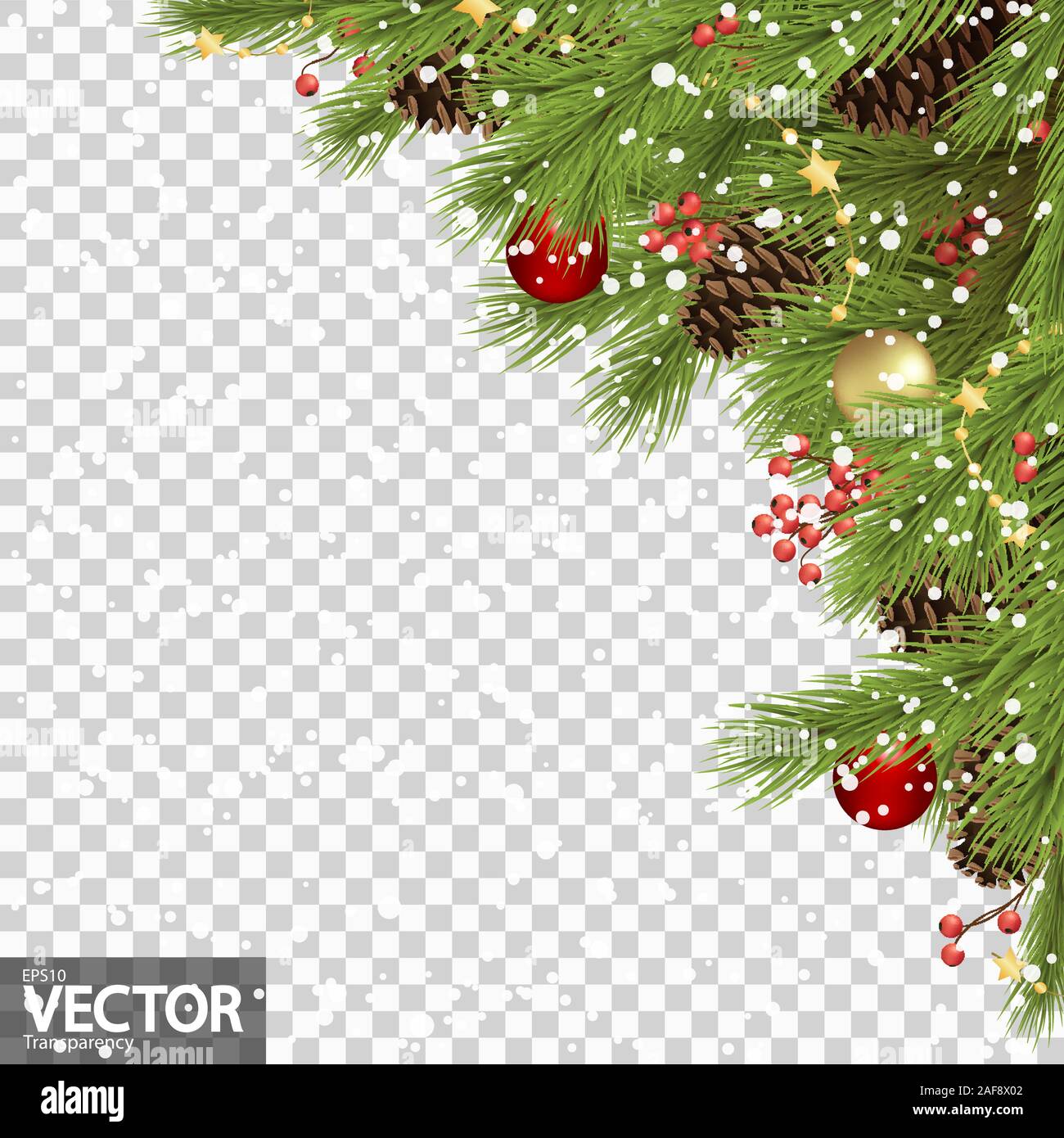 EPS 10 vettore concetto di sfondo con decorate in verde abete rami e coni con il natale baubles, stelle e bacche rosse, la caduta di neve e transpare Illustrazione Vettoriale