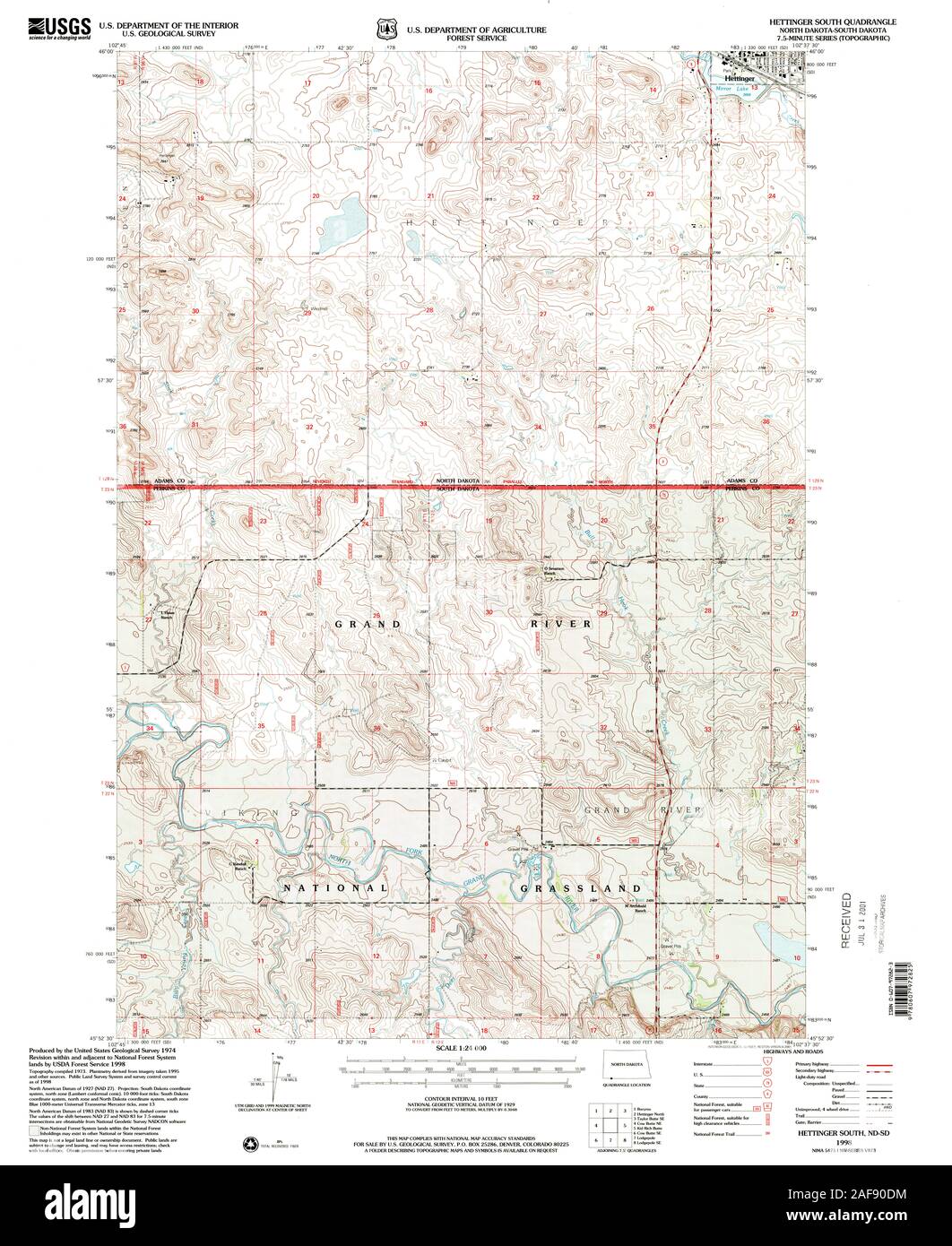 USGS TOPO Map North Dakota ND Hettinger Sud 284203 1998 24000 Restauro Foto Stock