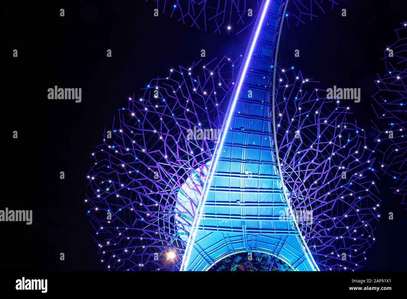 Vista inferiore a Blue Violet Supertree durante la notte le luci musicale mostra nei giardini dalla Baia di Singapore Foto Stock