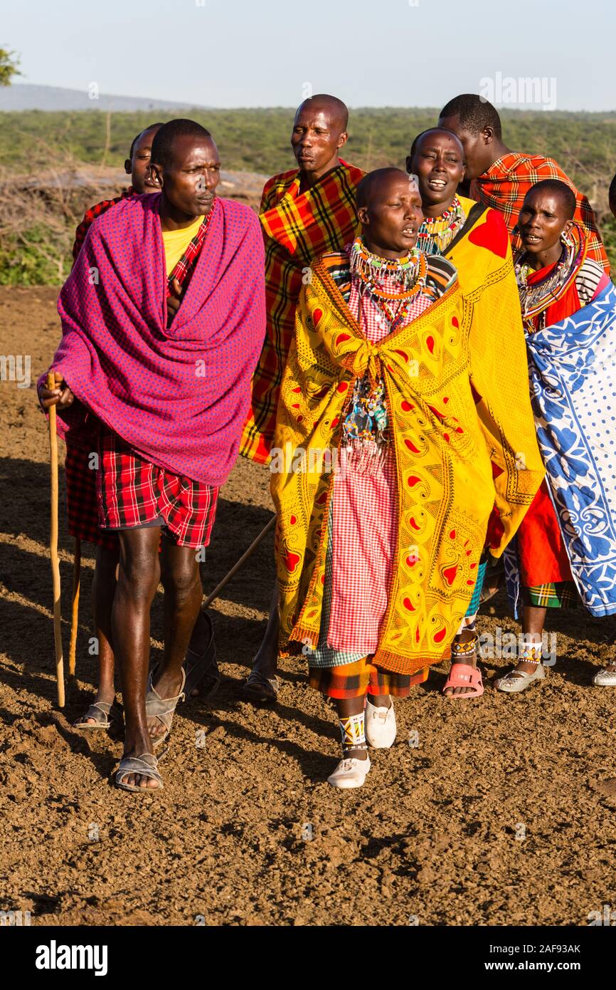 Tanzania. Villaggio masai di Ololosokwan, Nord del Serengeti. Gli abitanti di un villaggio di eseguire accogliente danza. Foto Stock