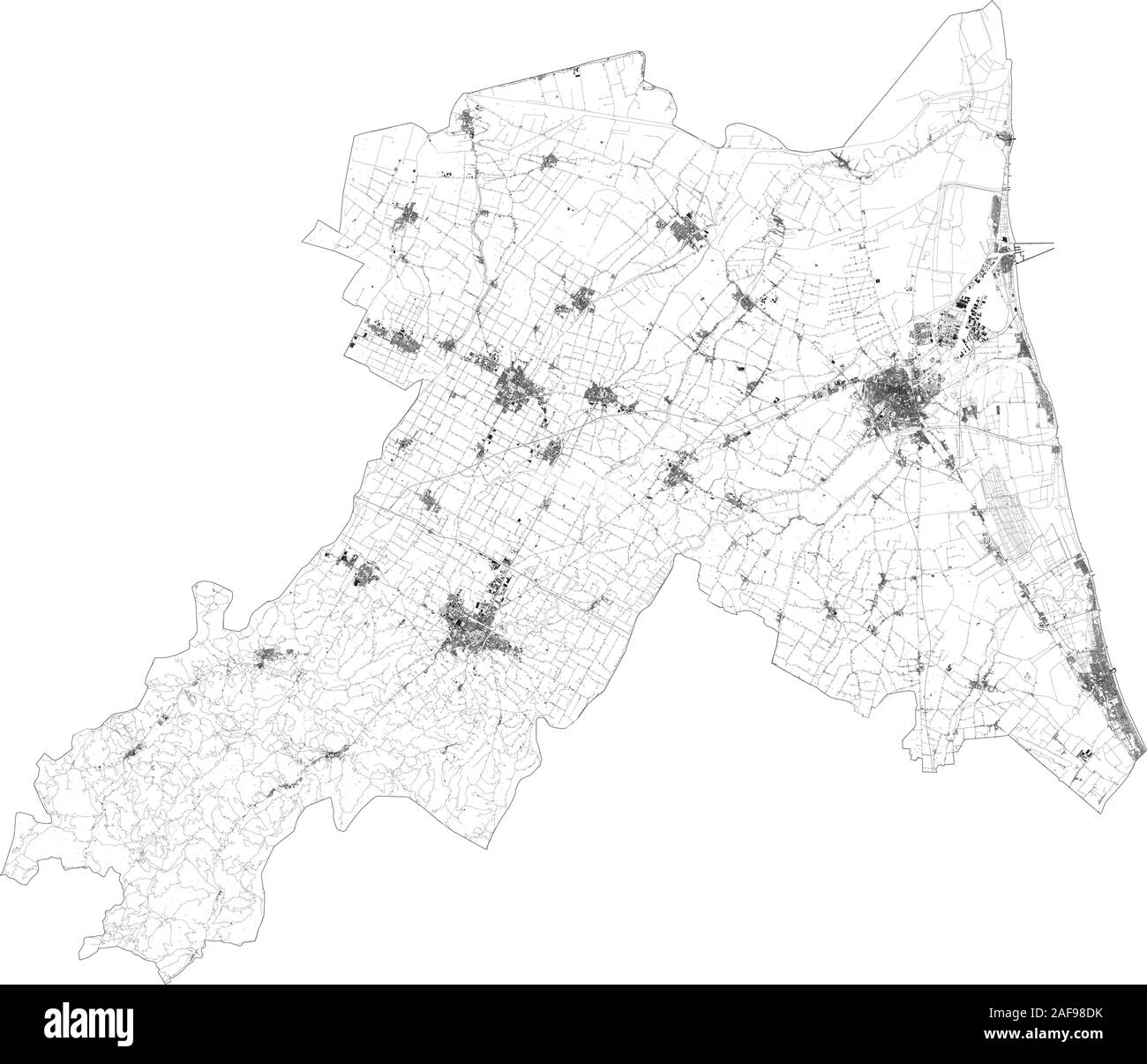Mappa satellitare della provincia di Ravenna città e strade, edifici e strade di collegamento delle aree circostanti. Regione Emilia Romagna, Italia. Mappa strade Illustrazione Vettoriale