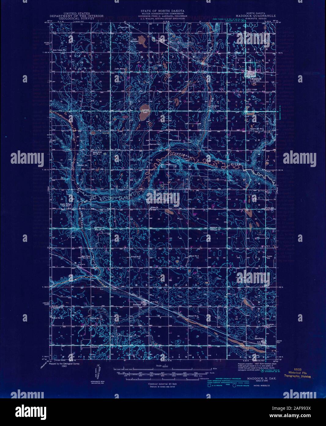 USGS TOPO Map North Dakota ND Maddock 285340 1945 62500 Restauro invertito Foto Stock