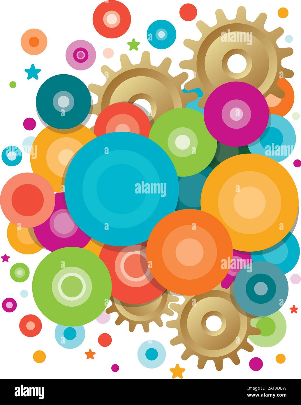Composizione astratta con cerchi di diverse dimensioni di giallo, verde, blu e viola e miscelato con gli ingranaggi e le stelle. Sfondo vettoriale Illustrazione Vettoriale