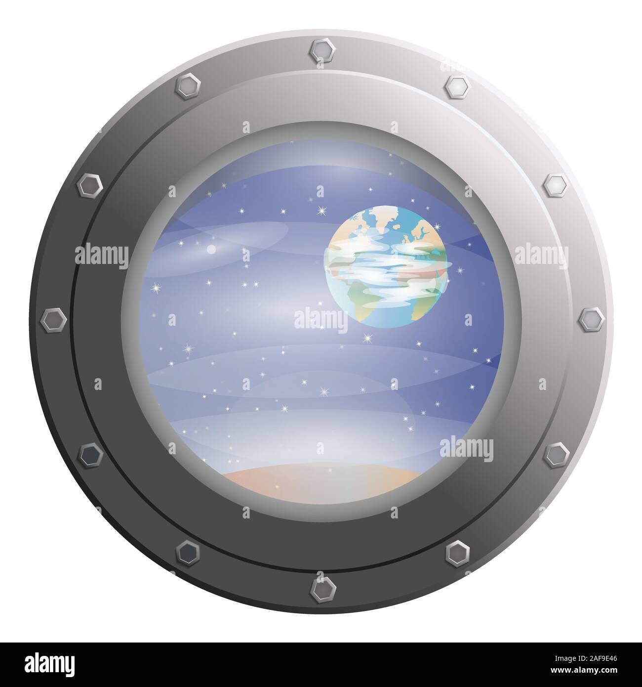 Visualizza spazio stelle e pianeti attraverso oblò finestra di vetro dalla navetta o astronave concetto di esplorazione di messa a terra Illustrazione Vettoriale