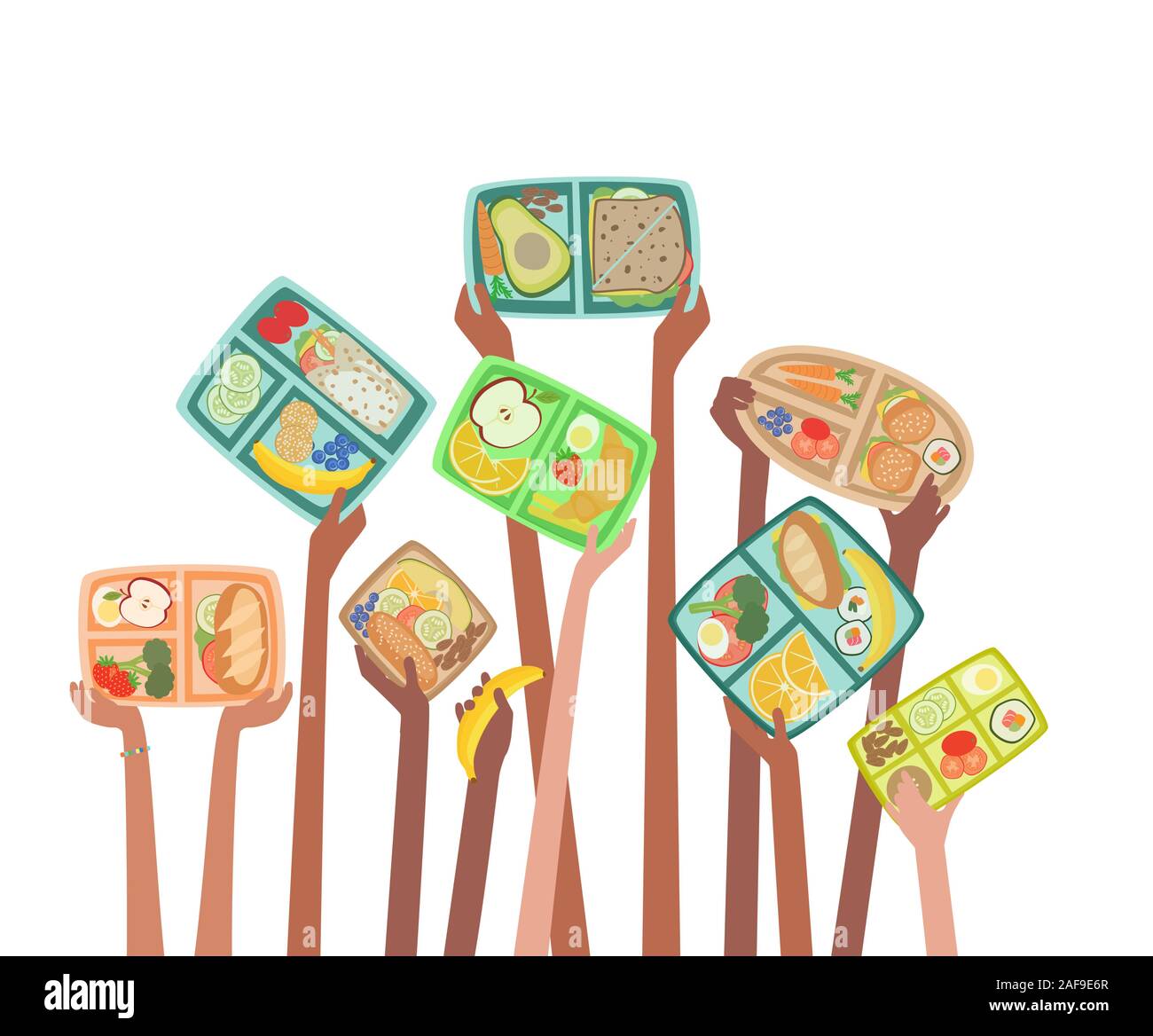 Bambini mani tenendo alto il pranzo di scatole con pranzi sana nutrizione alimentare nel concetto di scuola con lunchboxes Illustrazione Vettoriale