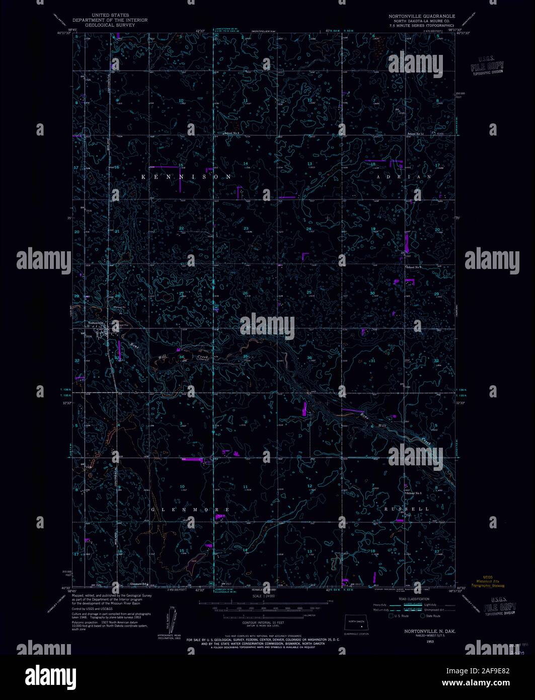 USGS TOPO Map North Dakota ND Nortonville 284670 1953 24000 Restauro invertito Foto Stock
