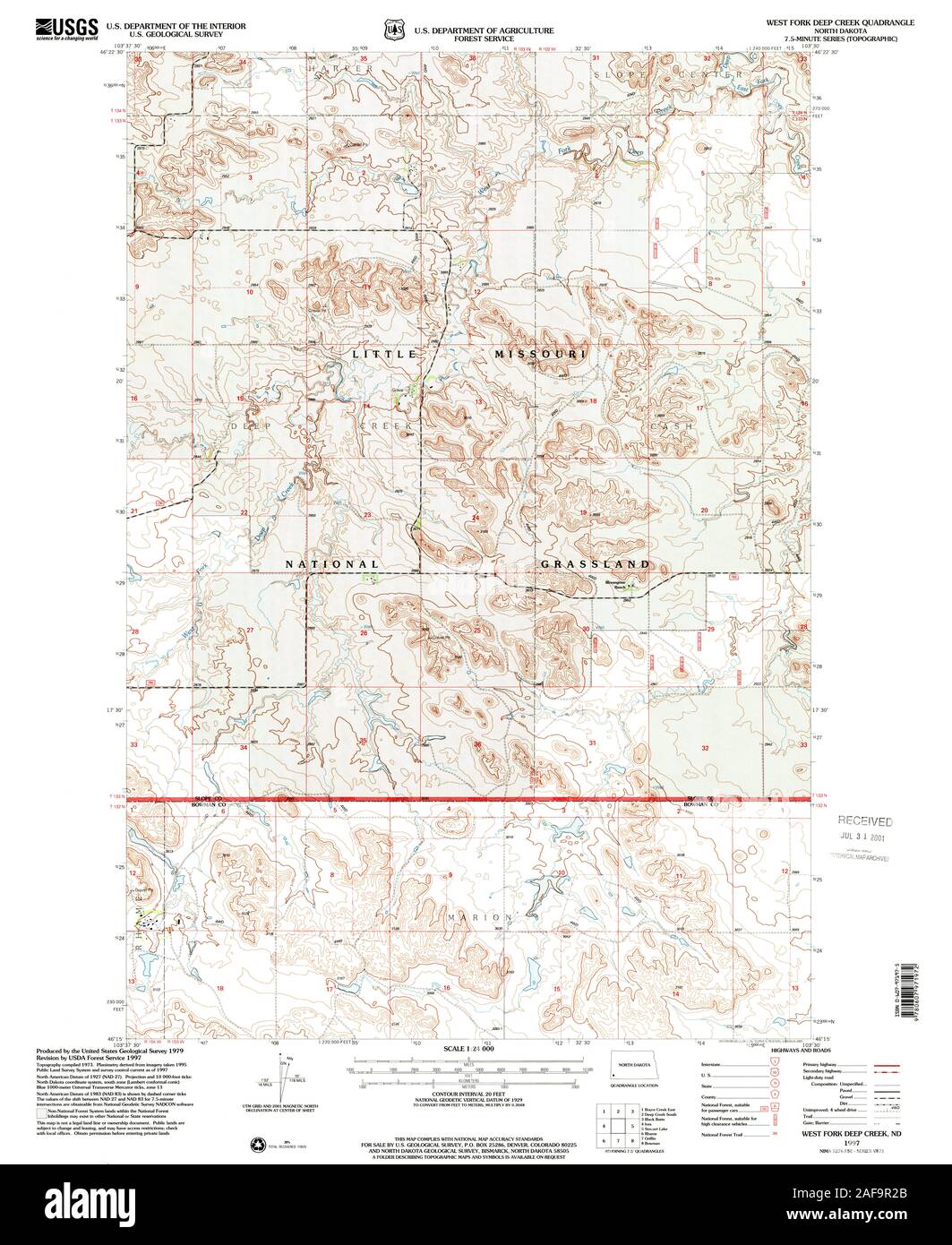 USGS TOPO Map North Dakota ND West forcella Deep Creek 285169 1997 24000 Restauro Foto Stock