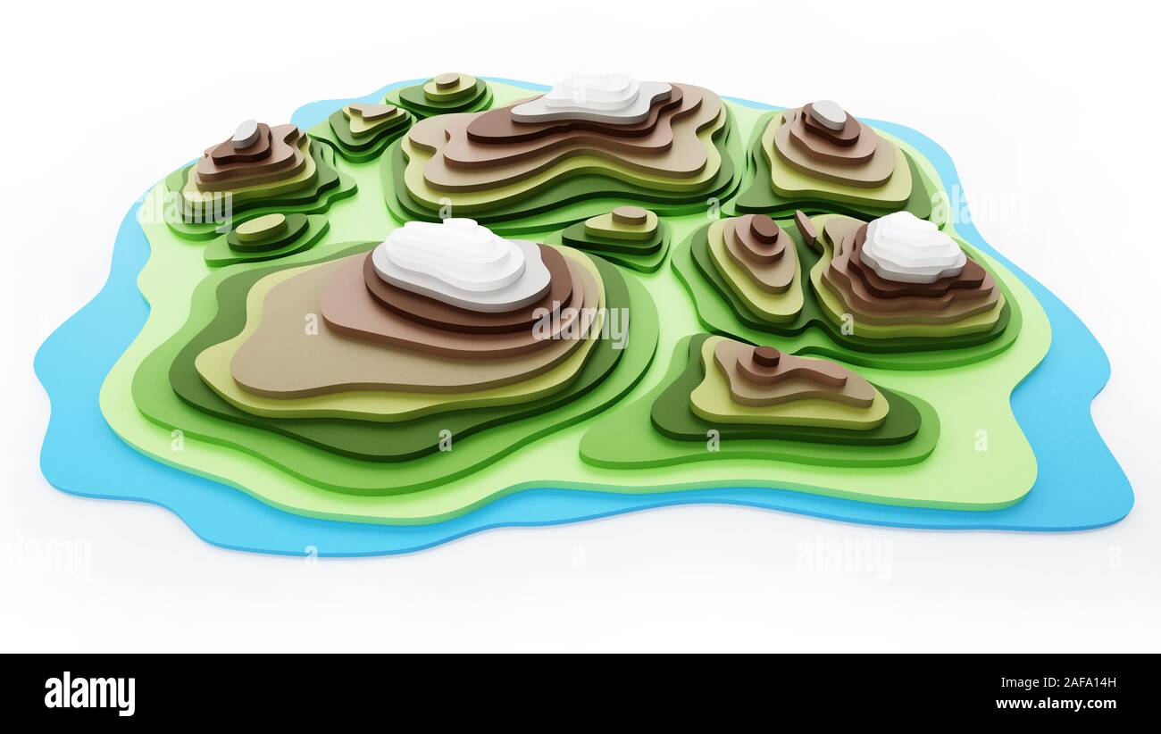 Topografia colorata mappa che mostra le valli e le montagne. 3D'illustrazione. Foto Stock