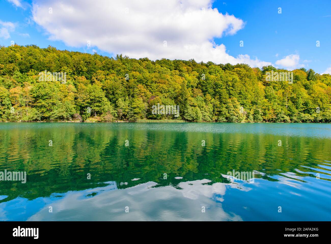 Il Parco Nazionale dei Laghi di Plitvice (Plitvička jezera) con il turchese del lago, Croazia Foto Stock