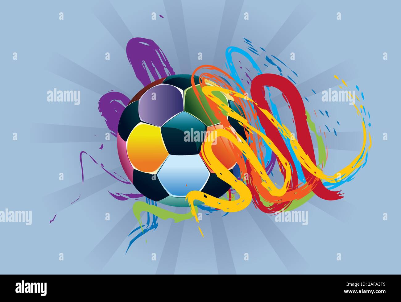 Multicolore di pennellate e di calcio palla su sfondo bianco. Illustrazione Vettoriale