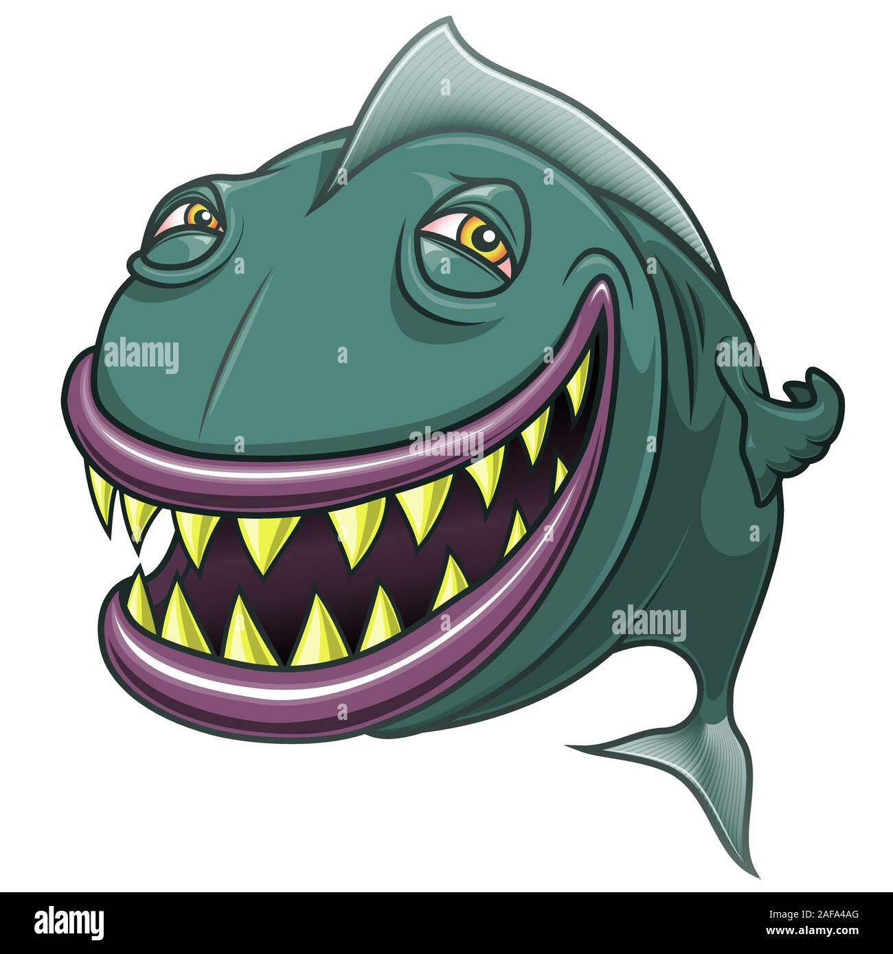 Sorridendo felice fumetto di pesce. Divertente illustrazione vettoriale. Isolato su sfondo bianco. Illustrazione Vettoriale