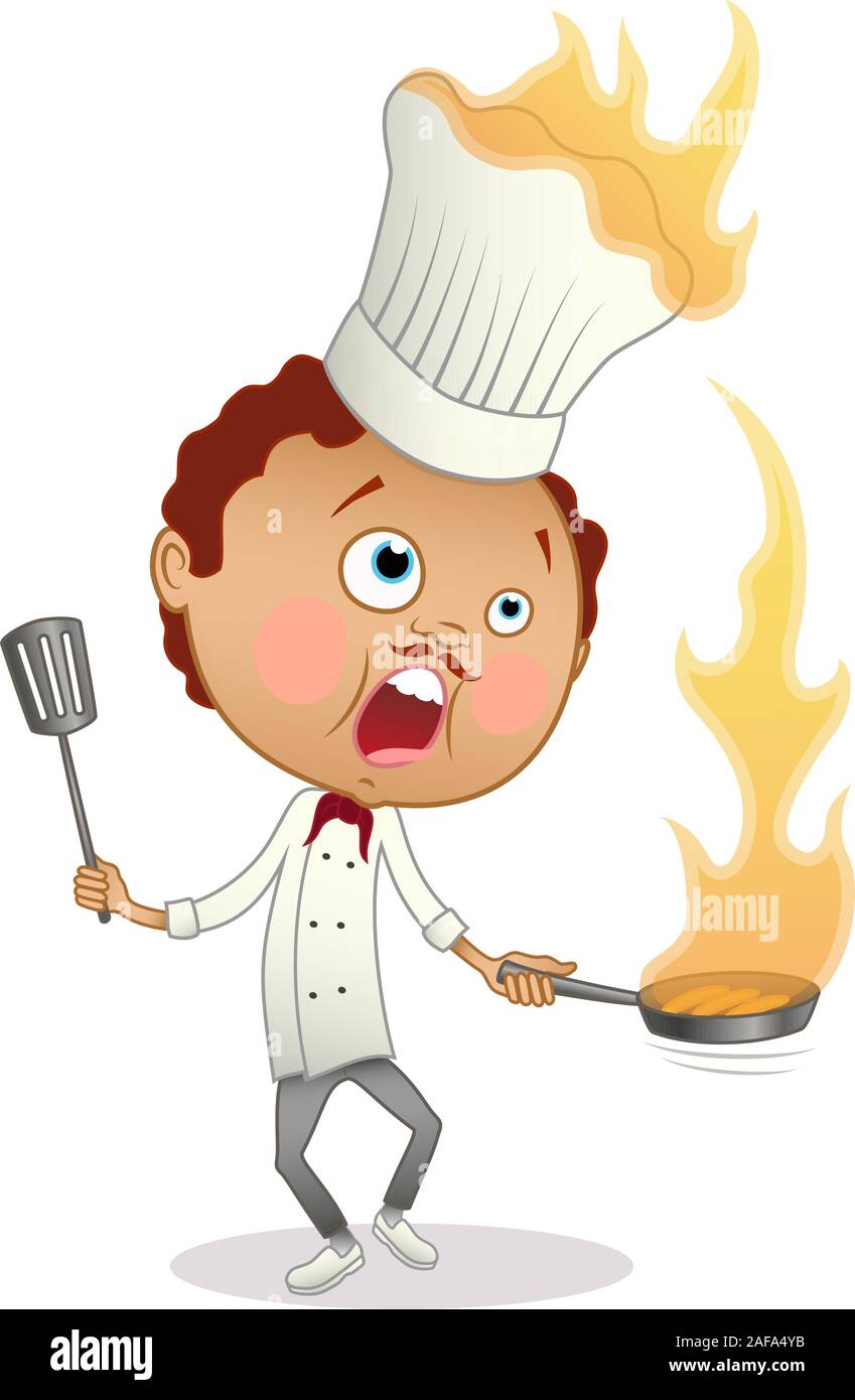Cartoon chef con una pentola e un turner cucinare un flambe con il suo cappello in fiamme. Isolato su bianco. Illustrazione Vettoriale