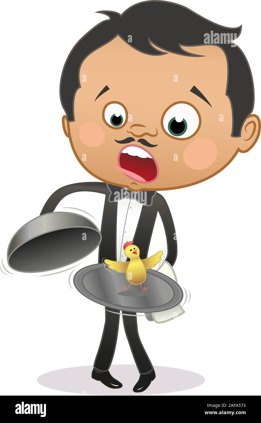 Cartoon stupito maitre trovare un pollo vivo nel cassetto sotto la cupola. Isolato su bianco. Illustrazione Vettoriale