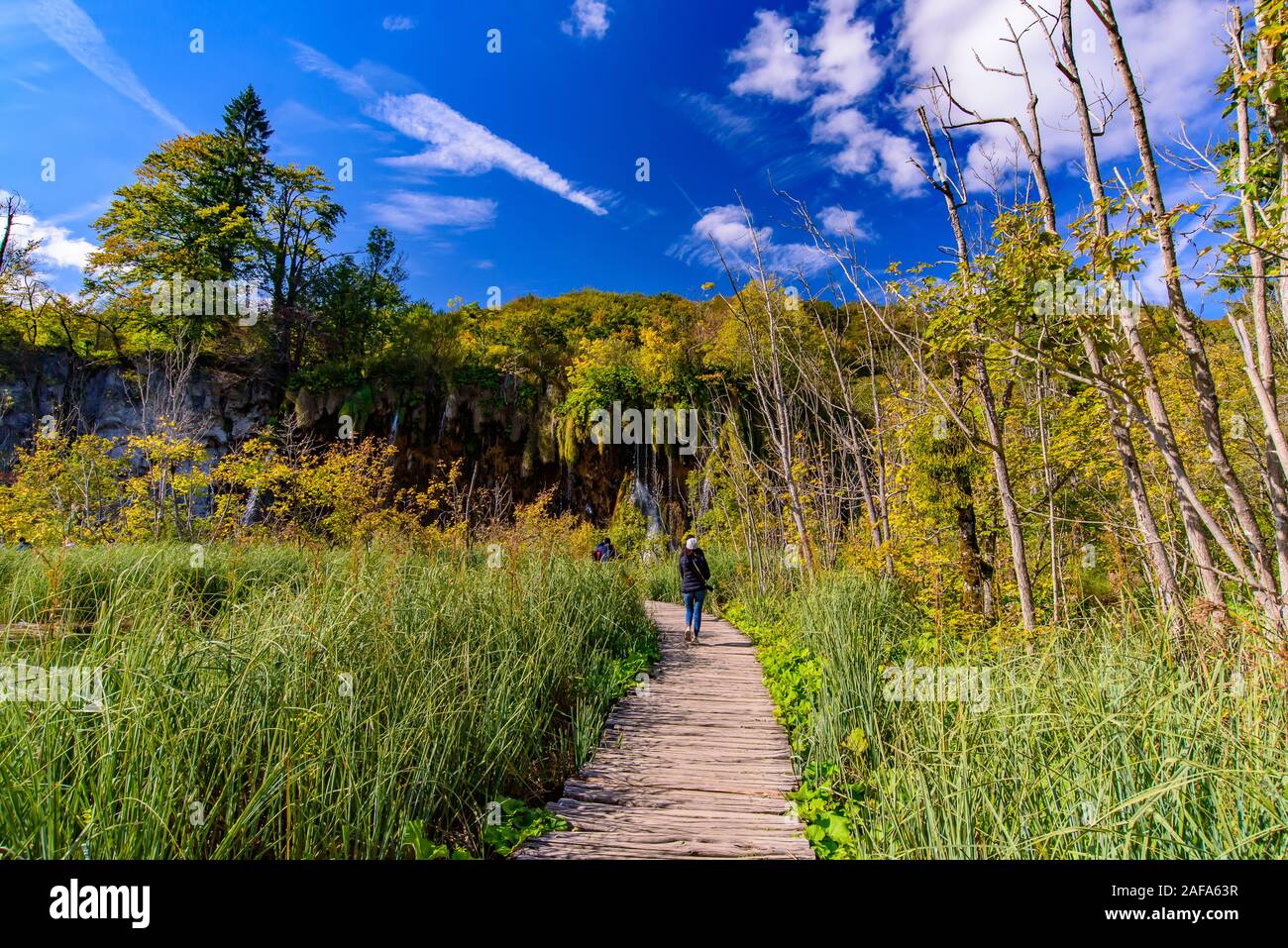 La gente che camminava sul percorso di trekking al Parco Nazionale dei Laghi di Plitvice (Plitvička jezera), un parco nazionale in Croazia Foto Stock