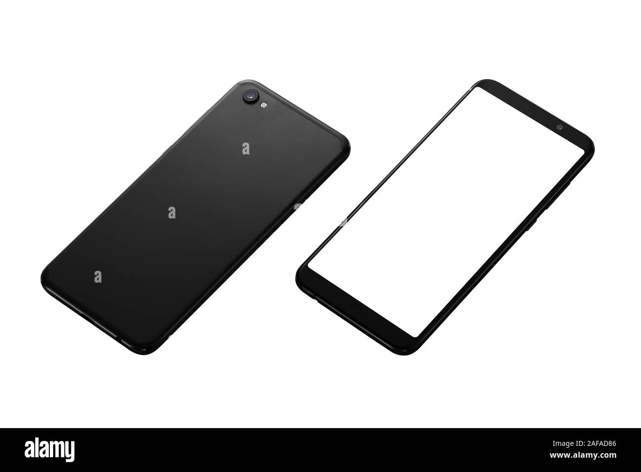 Telefono del lato anteriore e del lato posteriore isolato mockup. Telefono moderno con bordi sottili. Close-up, posizione isometrica Foto Stock