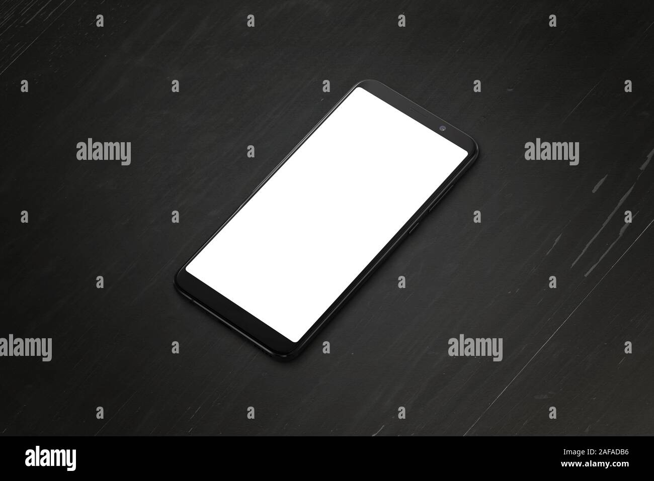 Telefono mockup su nero scrivania in legno. Posizione isometrica, close-up Foto Stock