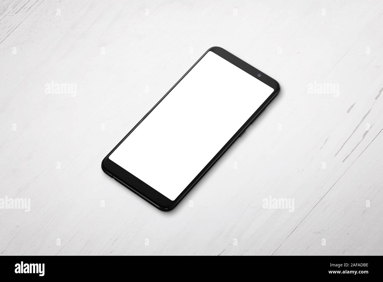 Telefono bianco sulla scrivania di legno in posizione isometrica. Schermo isolato per mockup Foto Stock