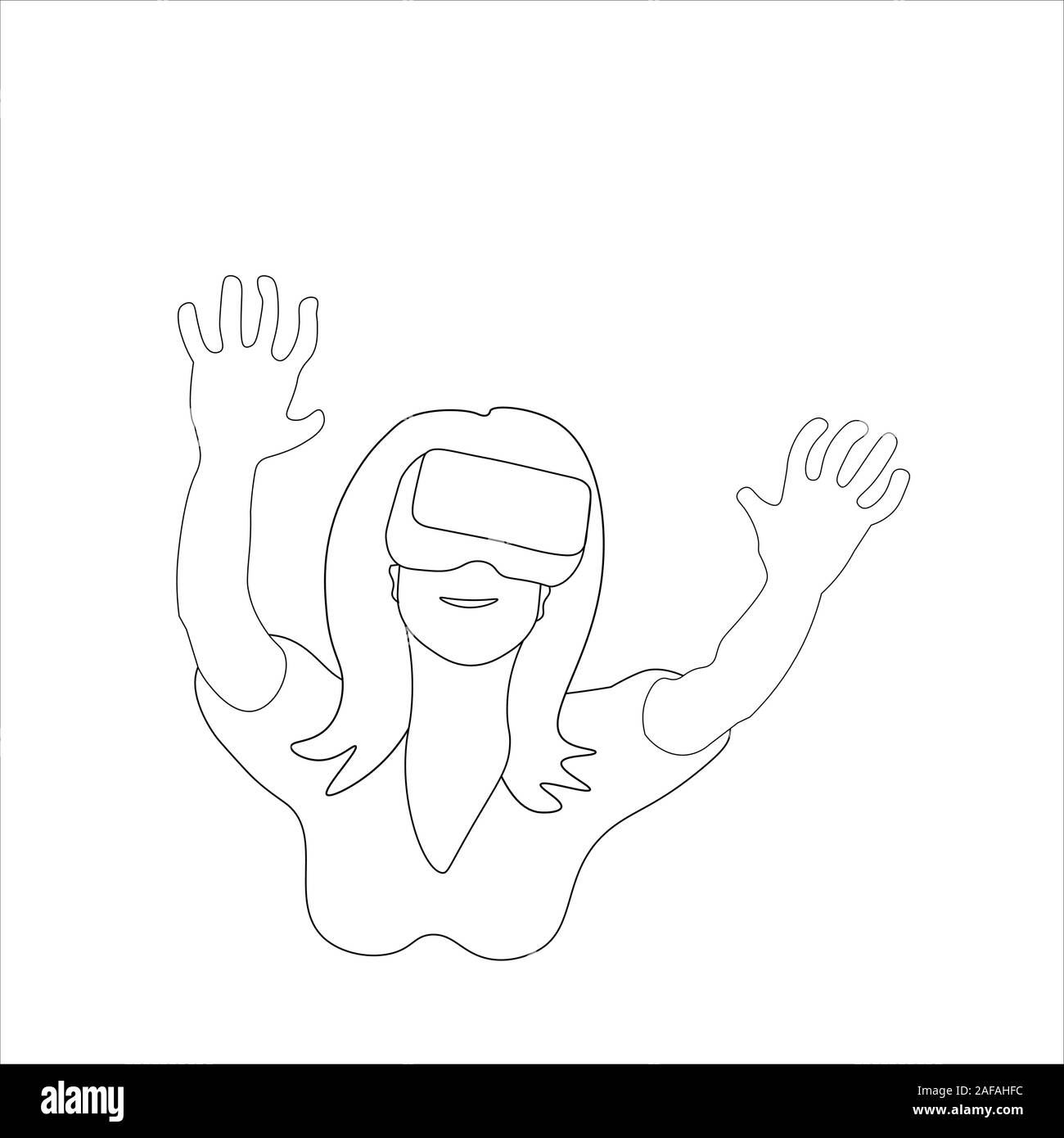 La realtà virtuale: donna utilizzando cuffie VR. Contorno nero su sfondo bianco. Immagine può essere utilizzato in biglietti di auguri, poster, volantini, banner, logo, ulteriore disegno etc. Illustrazione Vettoriale. EPS10 Illustrazione Vettoriale