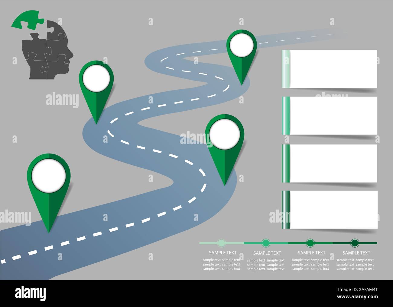 Fasi di crescita ecologica concetto che mostra quattro puntatori di verde che costeggiano la strada, timeline e quattro etichette vuote pronto per il tuo testo. Illustrazione Vettoriale
